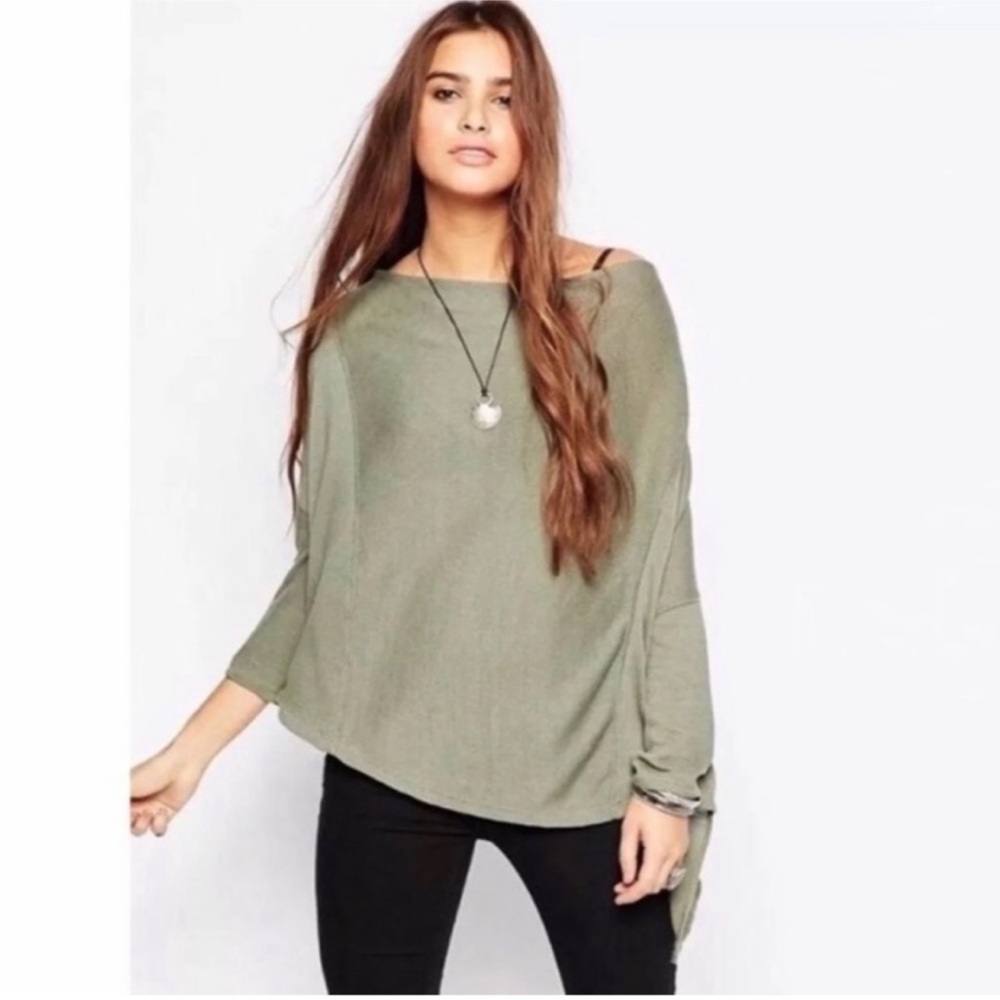 Free People WE THE FREE Lucky Day Tee Top Olive Green Oversized XS Boho Cozycore